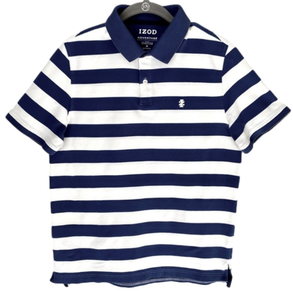 IZOD Polo Shirt Advantage Performance Natural Stretch Blue White Stripe Mens M